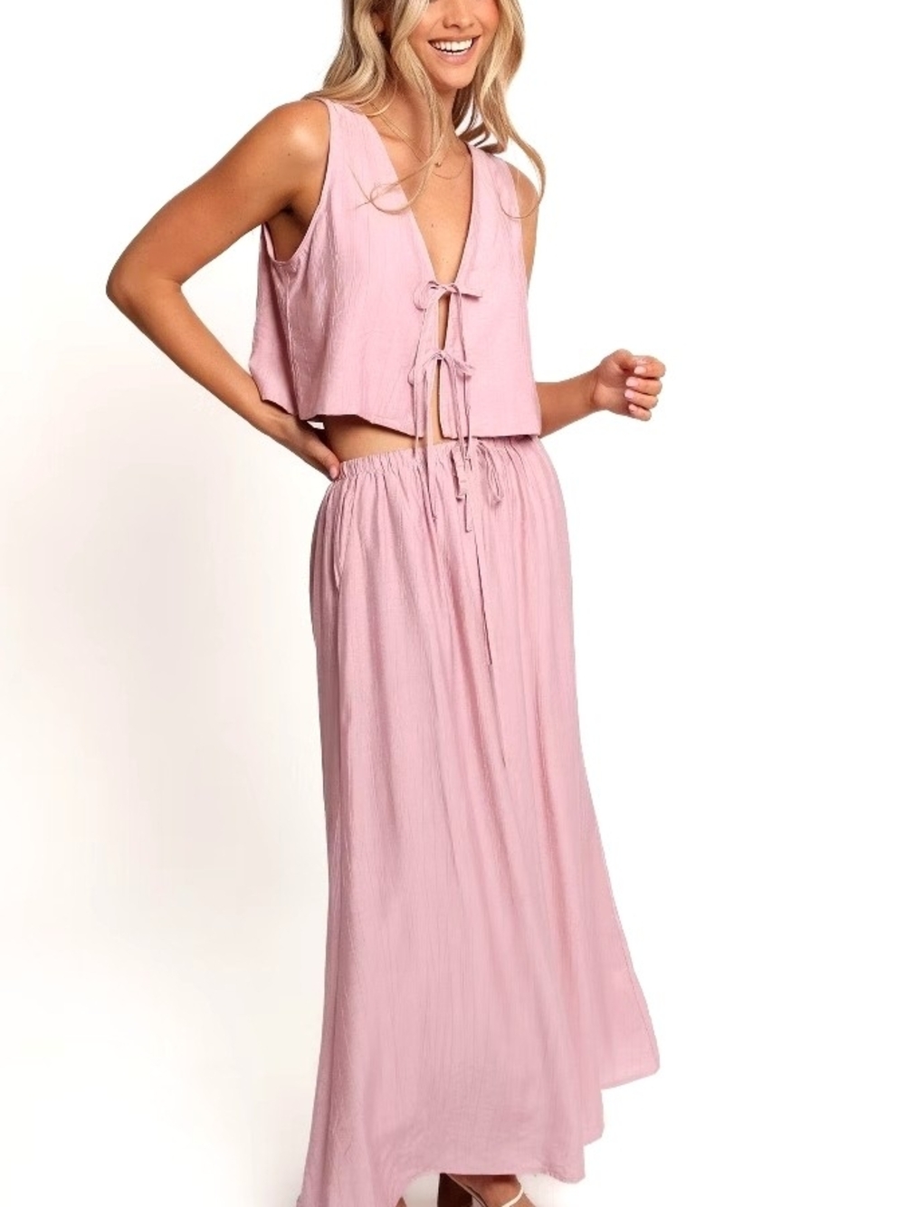 Petal & Pup Blush Tie-Front Crop Top and Maxi Skirt Set